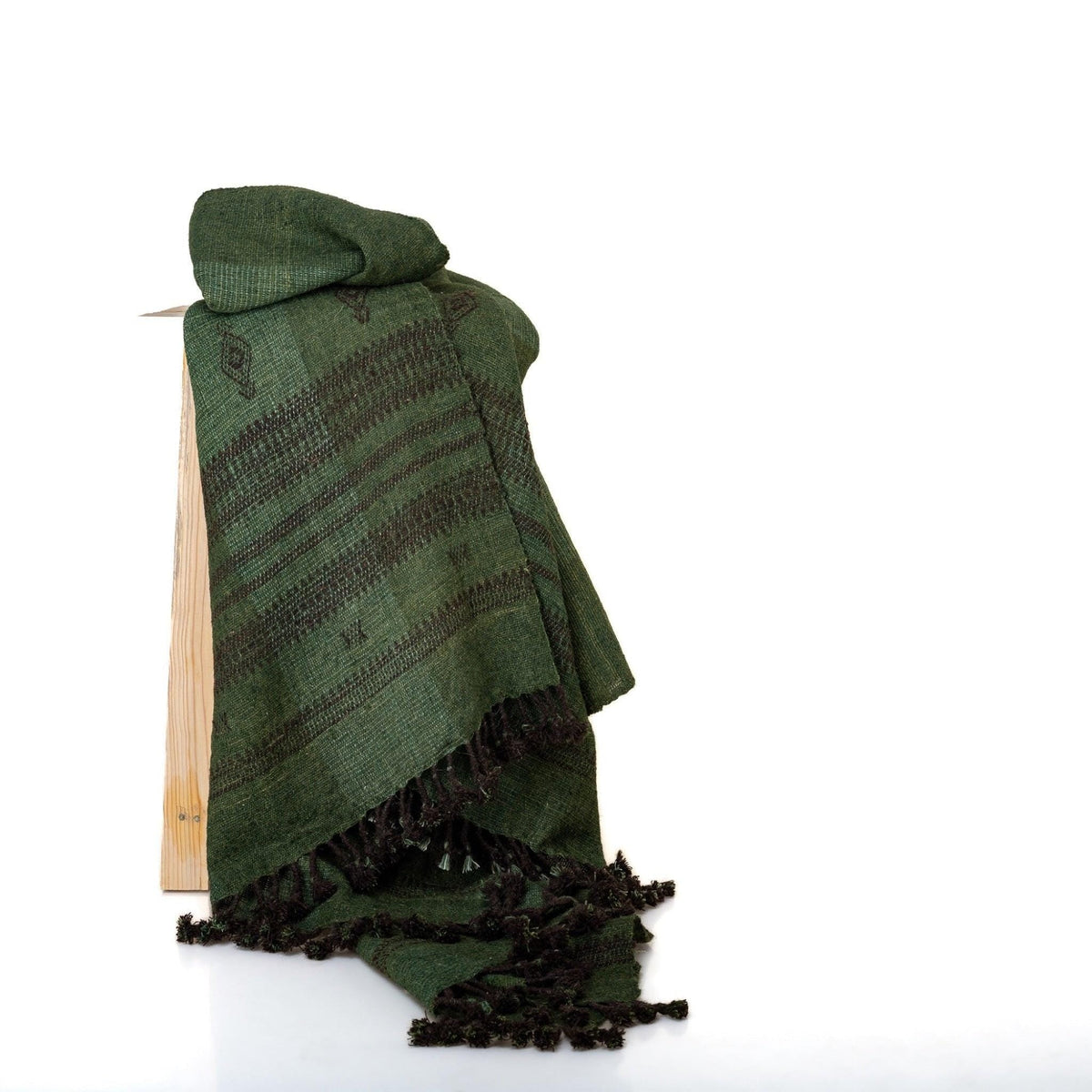 Deep Green Indian Wool Throw Blanket, Handwoven Sofa Coverlet with Cozy Reading Nook Accent - BASIL
