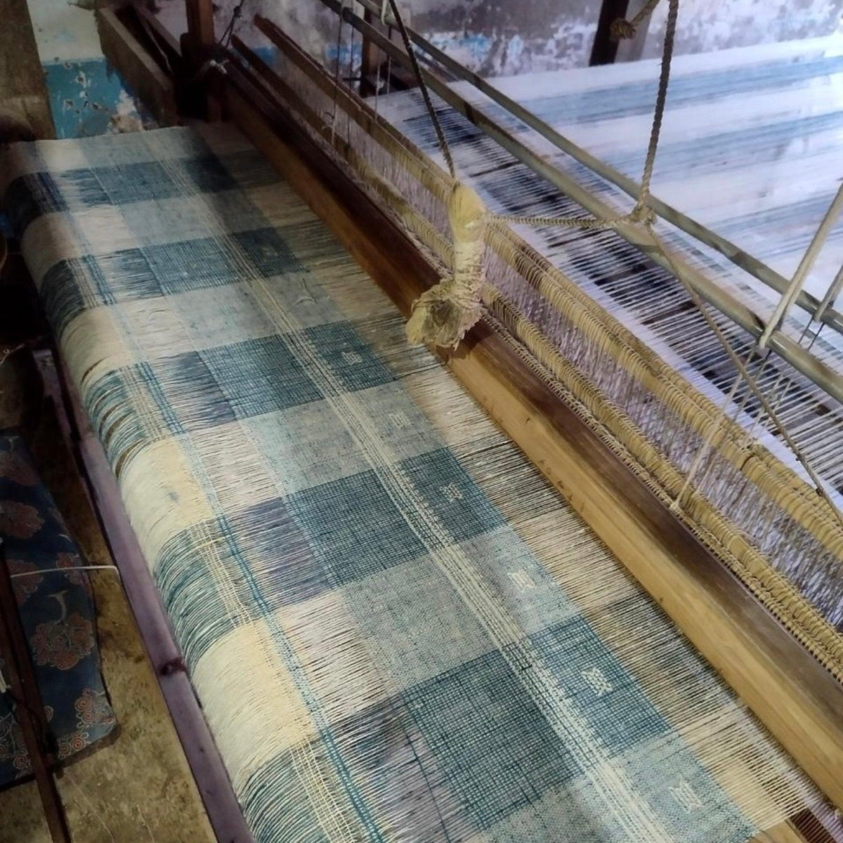 Teal Blue Indian Wool Throw Blanket, Handwoven Sofa Coverlet with Striped Foot-of-Bed Layer - IRIS