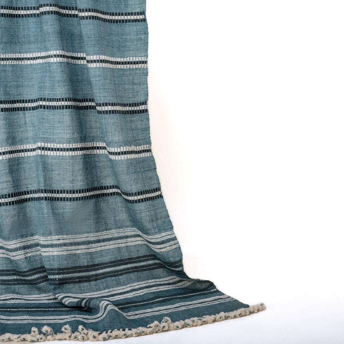 Teal Blue Striped Indian Wool Throw Blanket, Handwoven Couch Coverlet with Bed Accent - SAPPHIRE