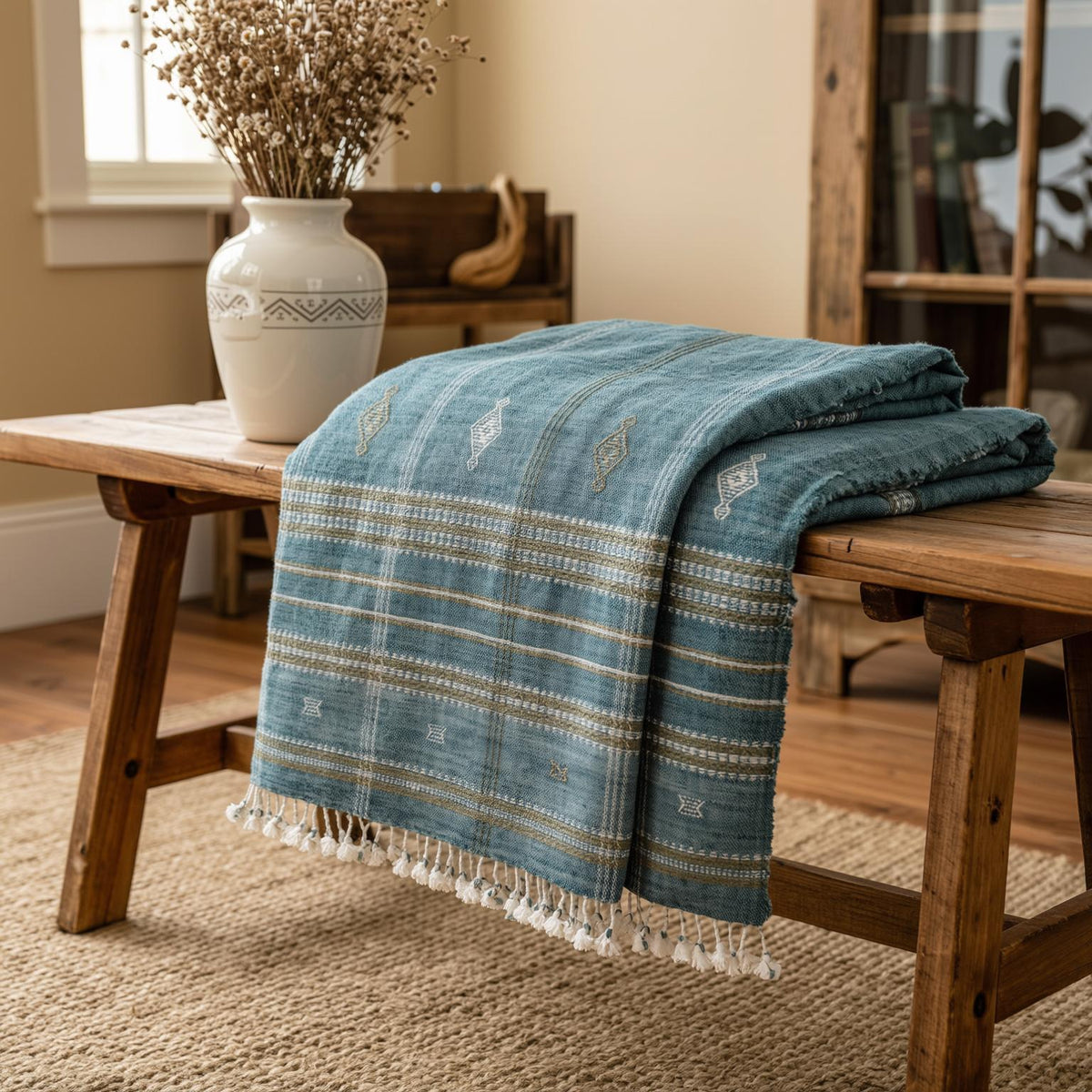 Teal Blue Indian Wool Throw Blanket, Handwoven Sofa Coverlet with Boho Reading Chair Accent - LAPIS
