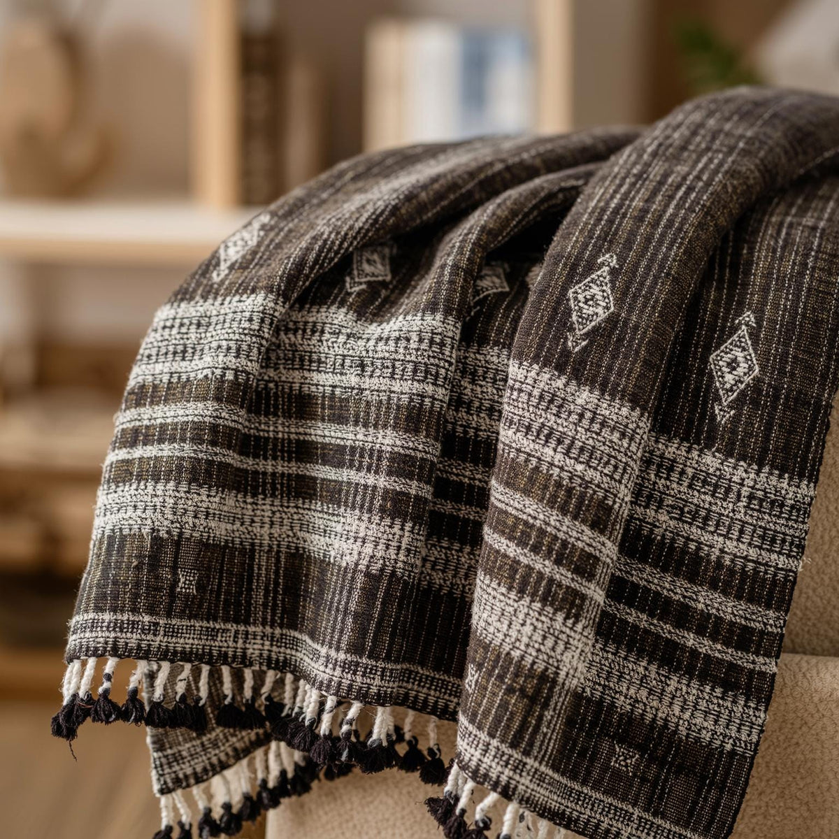 Warm Brown Indian Wool Throw Blanket, Handwoven Sofa Coverlet with Lodge Bedroom Layer - BRONZITE