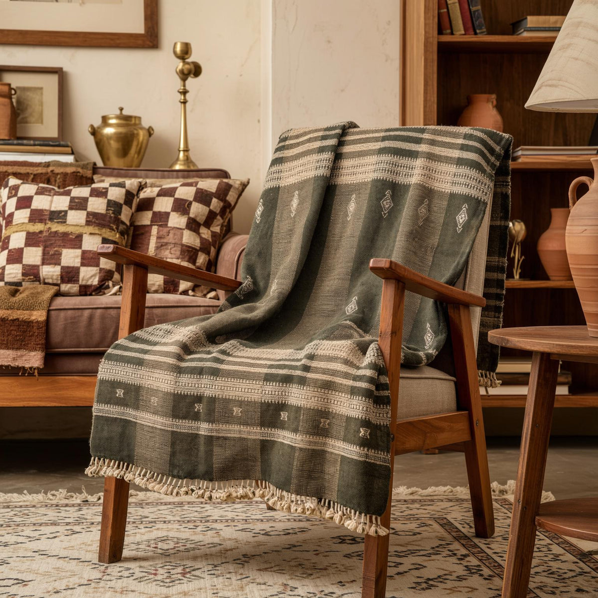 Olive Brown Indian Wool Throw Blanket, Handwoven Sofa Coverlet with Organic Bedroom Accent - ZARAA