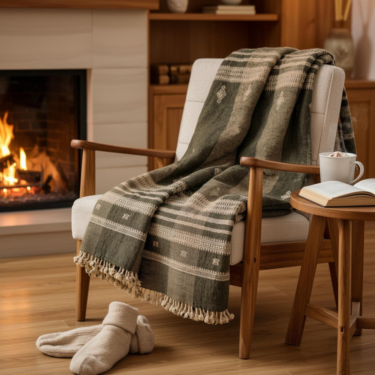 Olive Brown Indian Wool Throw Blanket, Handwoven Sofa Coverlet with Organic Bedroom Accent - ZARAA