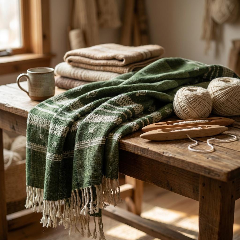 Forest Green Indian Wool Throw Blanket, Handwoven Couch Coverlet with Earthy Bedroom Accent - ERICA