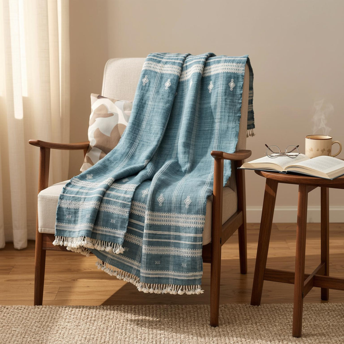 Teal Blue Indian Wool Throw Blanket, Handwoven Couch Coverlet with Geometric Bedroom Layer - TOPAS