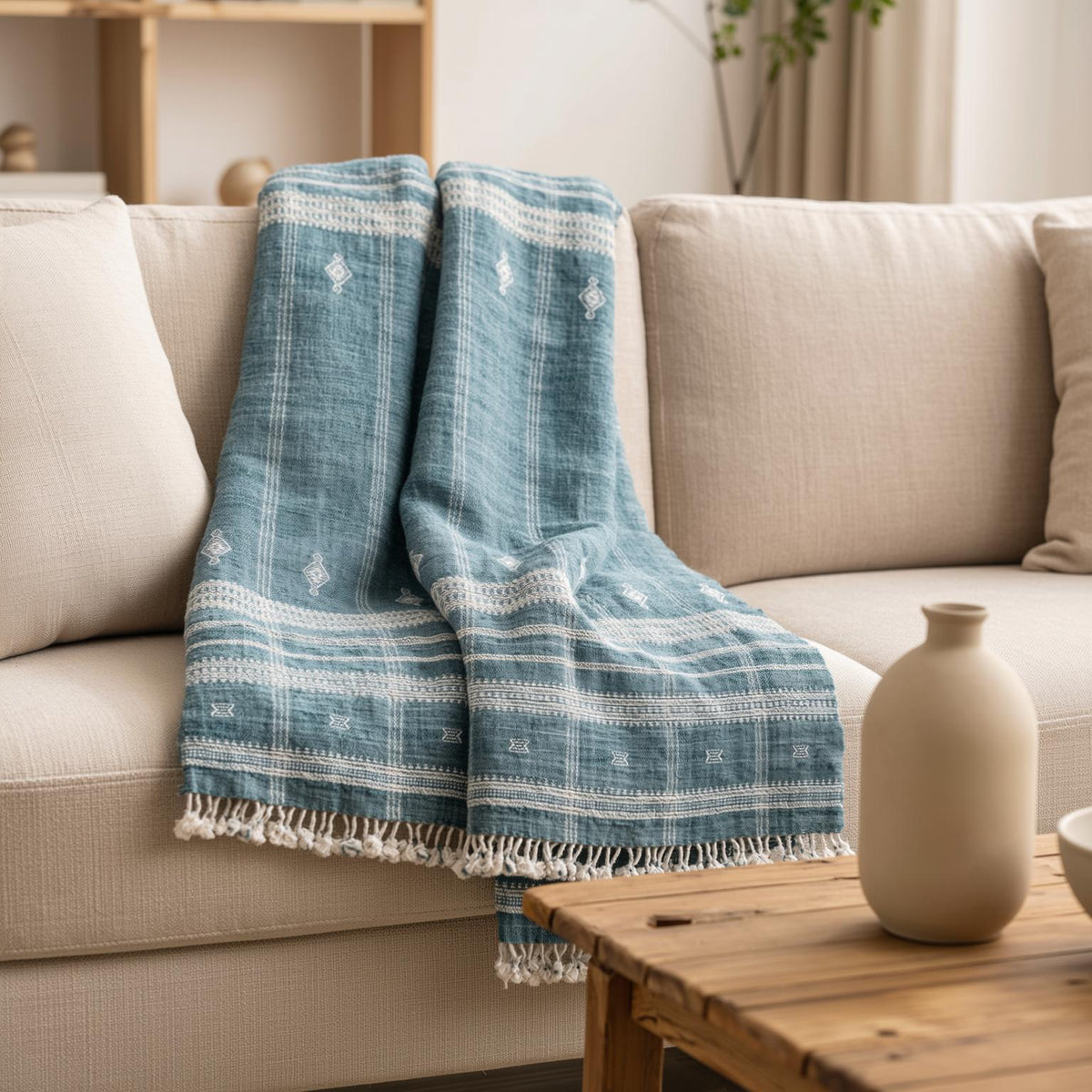 Teal Blue Indian Wool Throw Blanket, Handwoven Couch Coverlet with Geometric Bedroom Layer - TOPAS