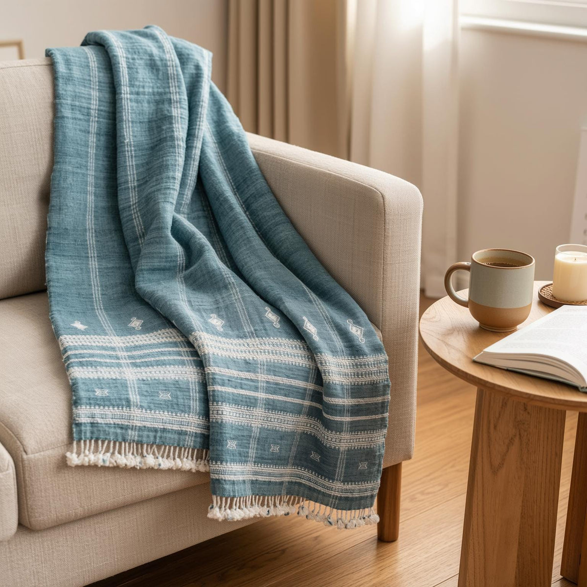 Teal Blue Indian Wool Throw Blanket, Handwoven Couch Coverlet with Geometric Bedroom Layer - TOPAS