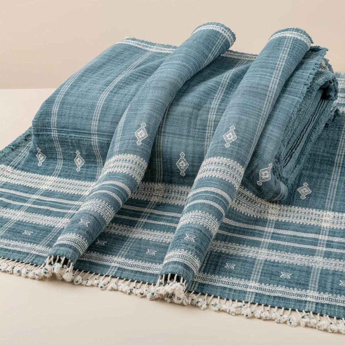 Teal Blue Indian Wool Throw Blanket, Handwoven Couch Coverlet with Geometric Bedroom Layer - TOPAS