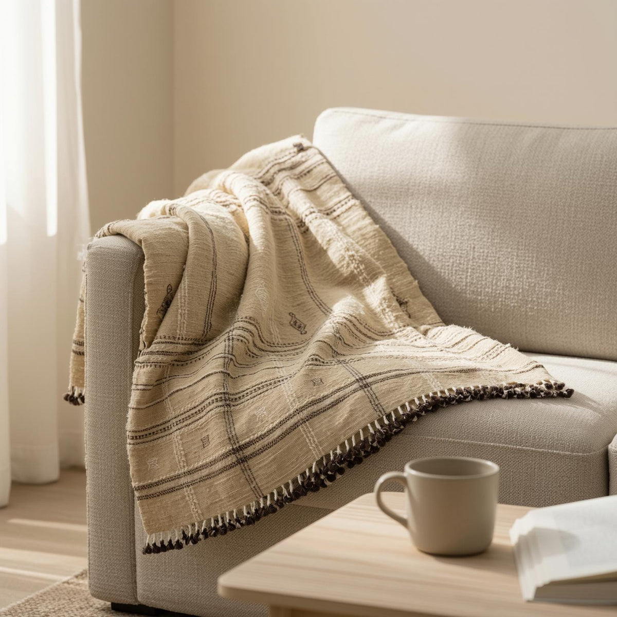 Tan Plaid Indian Wool Throw Blanket, Handwoven Couch Coverlet with Farmhouse Bed Accent - TANISHQ