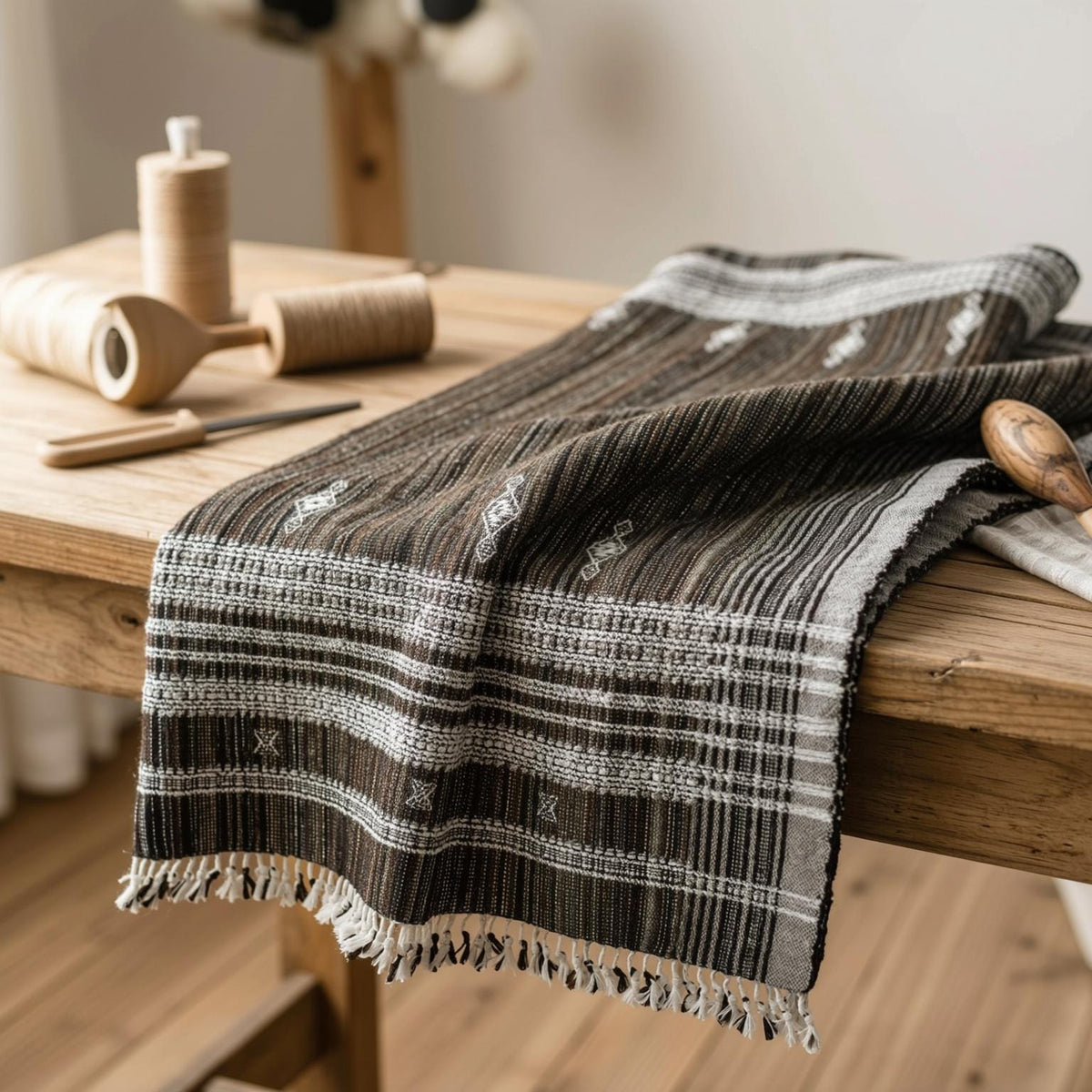 Brown Indian Wool Throw Blanket, Handwoven Sofa Coverlet with Lodge Reading Chair Layer - SPINEL