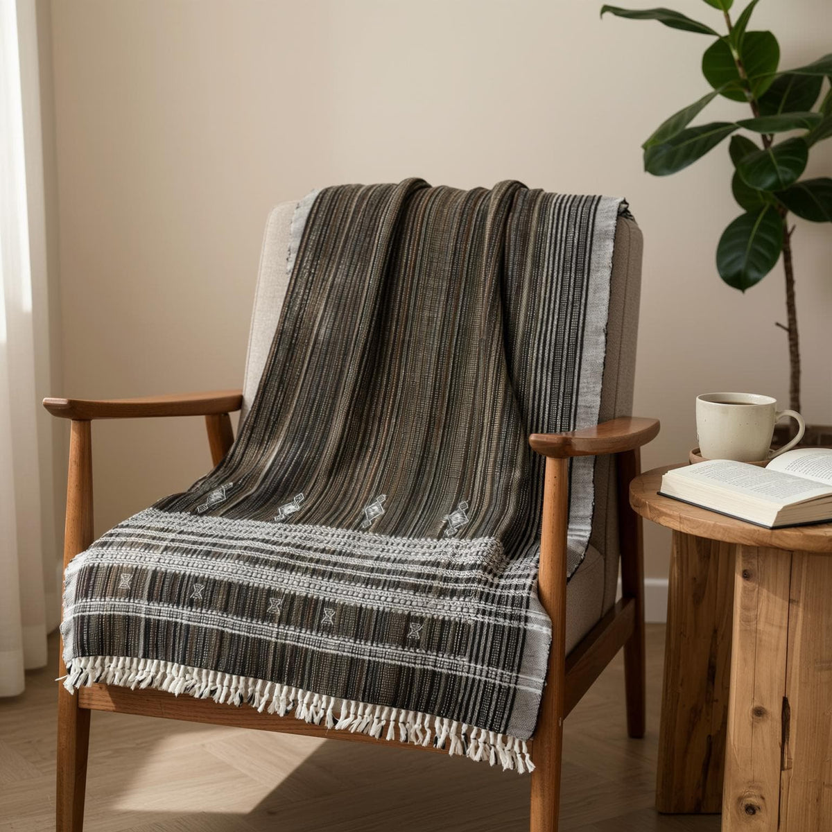 Brown Indian Wool Throw Blanket, Handwoven Sofa Coverlet with Lodge Reading Chair Layer - SPINEL