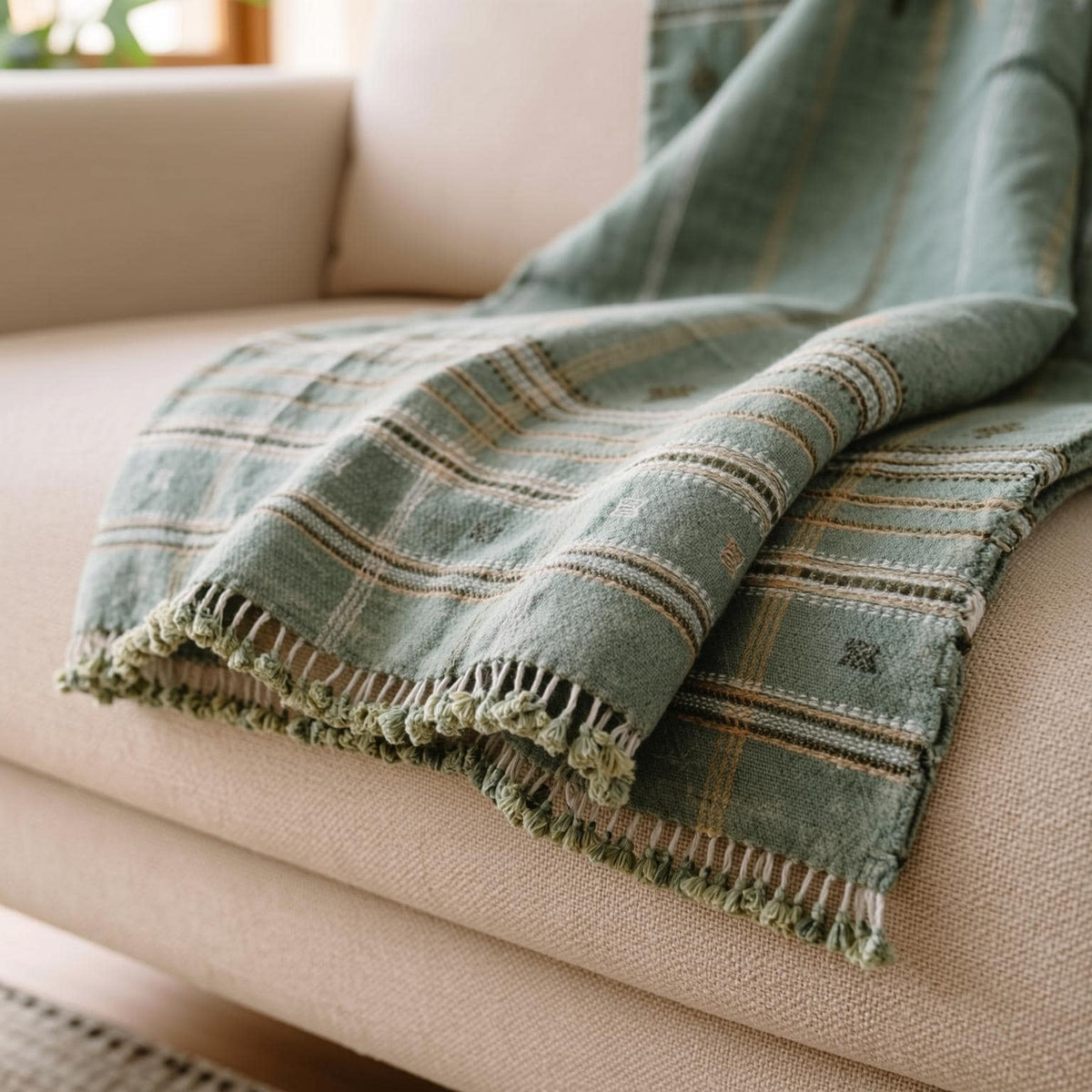 Sage Green Indian Wool Throw Blanket, Handwoven Sofa Coverlet with Japandi Bedroom Accent - JADE
