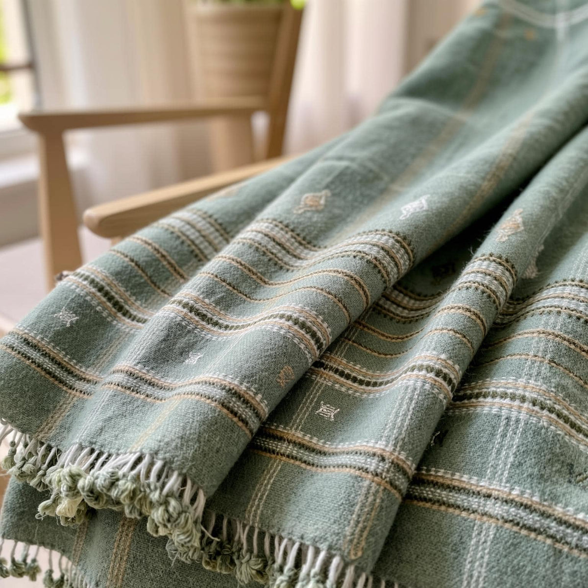 Sage Green Indian Wool Throw Blanket, Handwoven Sofa Coverlet with Japandi Bedroom Accent - JADE