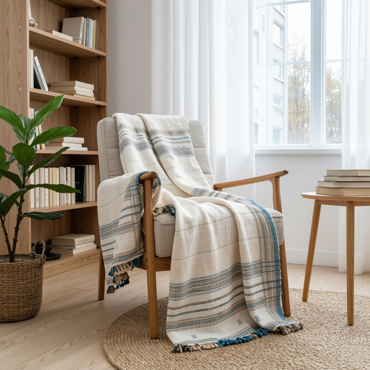 Ivory Indian Wool Throw Blanket, Handwoven Couch Coverlet with Cozy Minimalist Bedroom Layer - DAZY