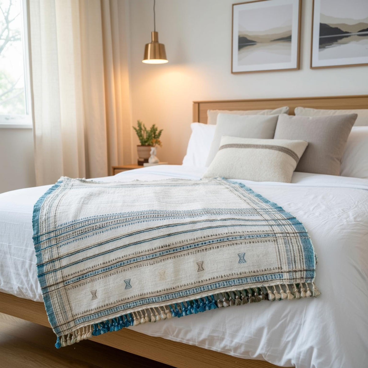 Ivory Indian Wool Throw Blanket, Handwoven Couch Coverlet with Cozy Minimalist Bedroom Layer - DAZY