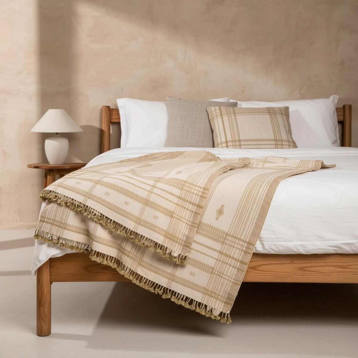 Off White Indian Wool Throw Blanket, Handwoven Couch Coverlet with Neutral Bedroom Layer - HEERA