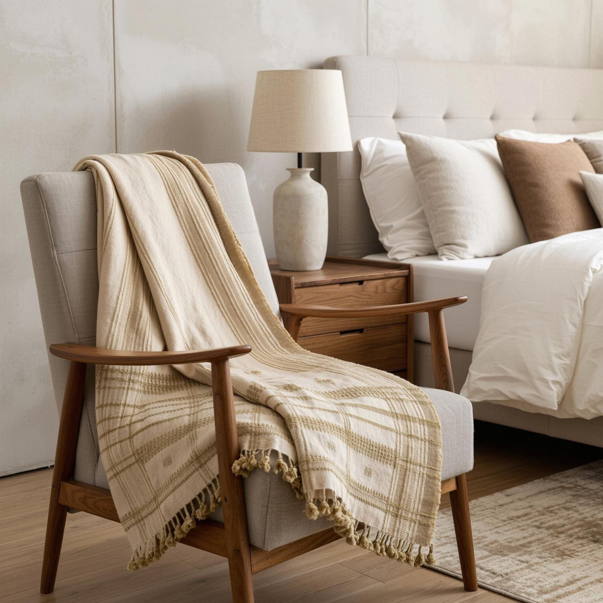 Off White Indian Wool Throw Blanket, Handwoven Couch Coverlet with Neutral Bedroom Layer - HEERA