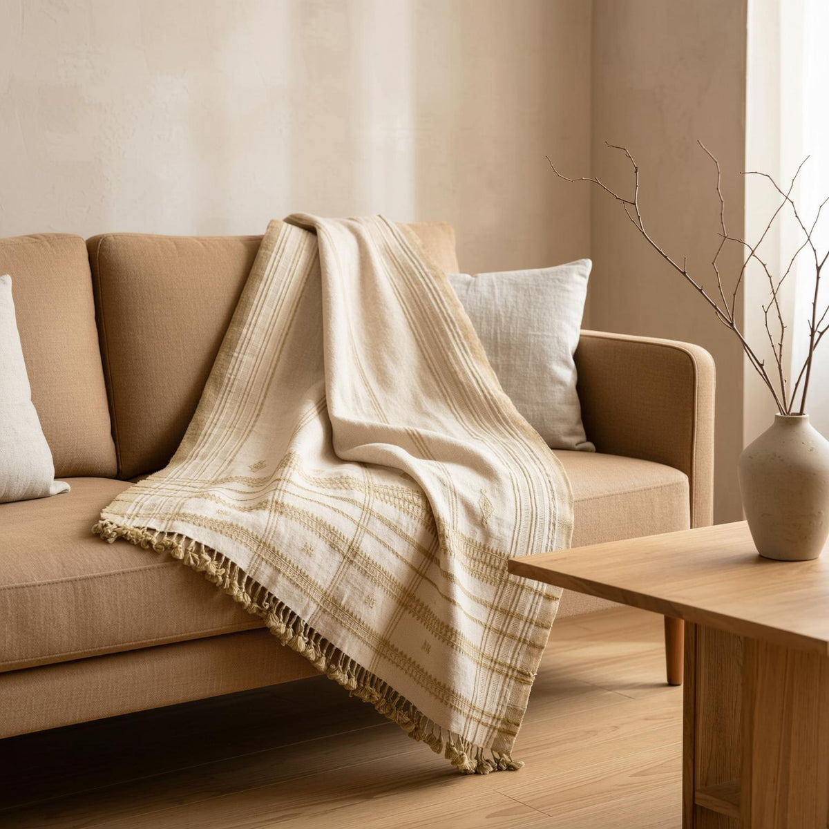 Off White Indian Wool Throw Blanket, Handwoven Couch Coverlet with Neutral Bedroom Layer - HEERA