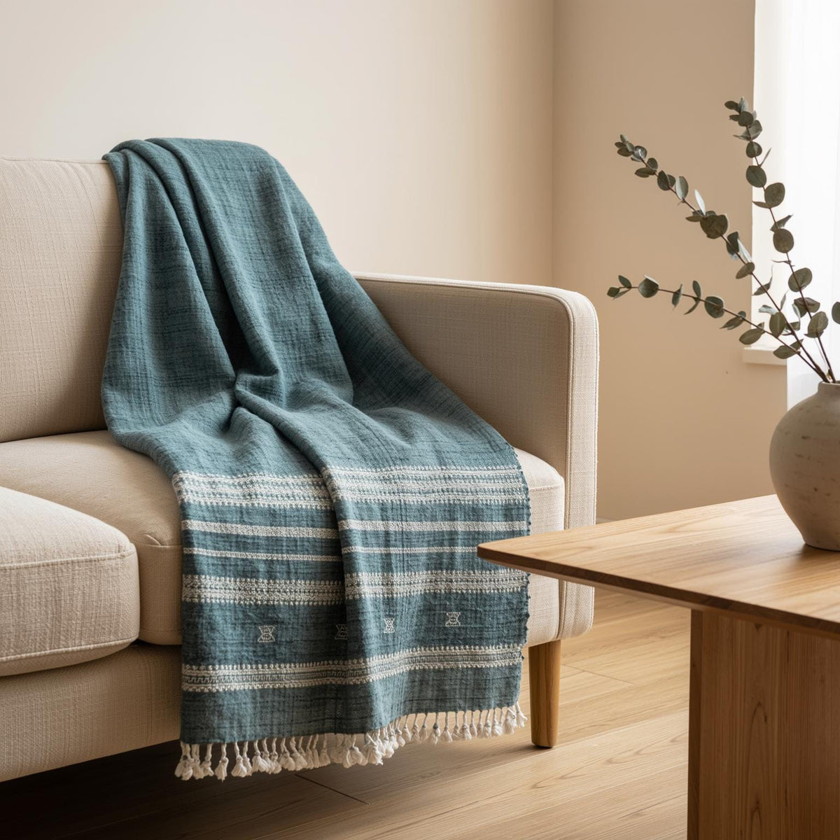 Vibrant Teal Indian Wool Throw Blanket, Handwoven Sofa Coverlet with Boho Reading Accent - NEELAM
