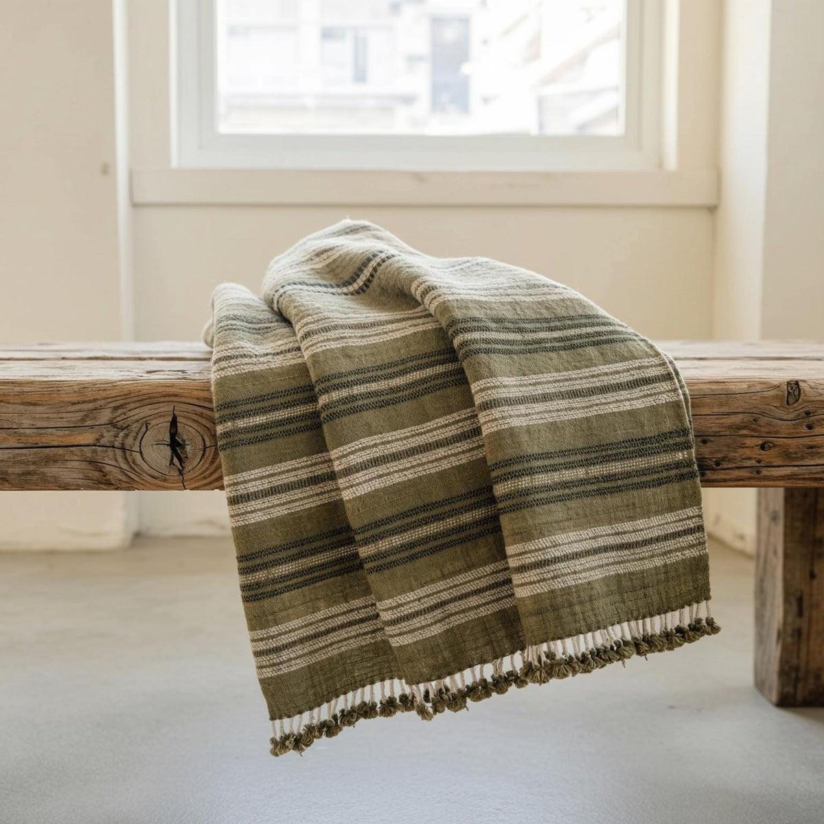 Olive Striped Indian Wool Throw Blanket, Handwoven Couch Coverlet with Earthy Bed Accent - MOSS
