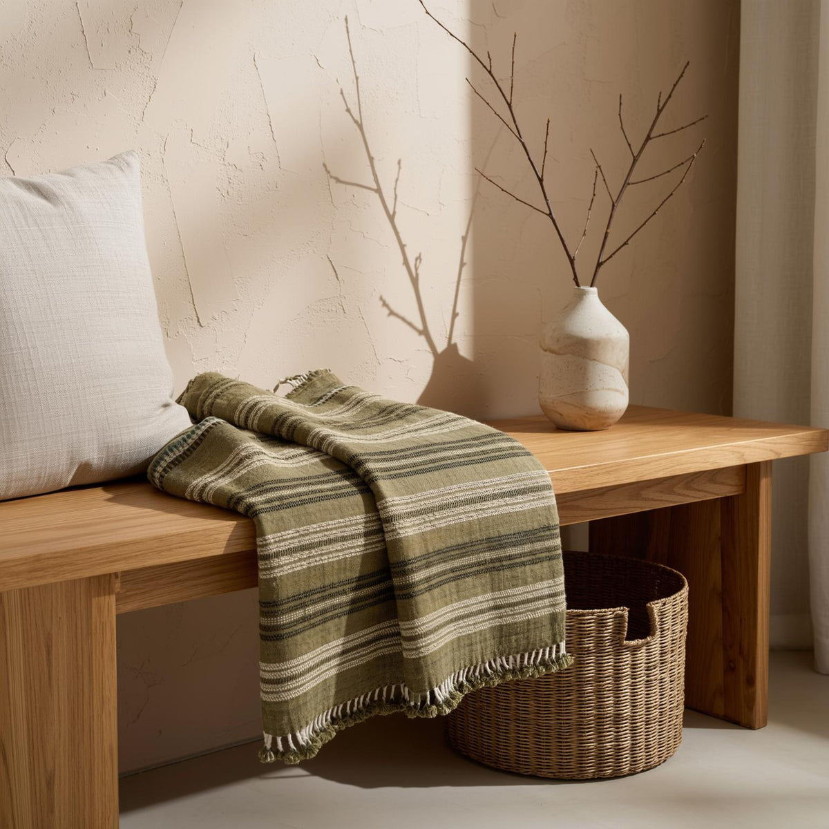 Olive Striped Indian Wool Throw Blanket, Handwoven Couch Coverlet with Earthy Bed Accent - MOSS