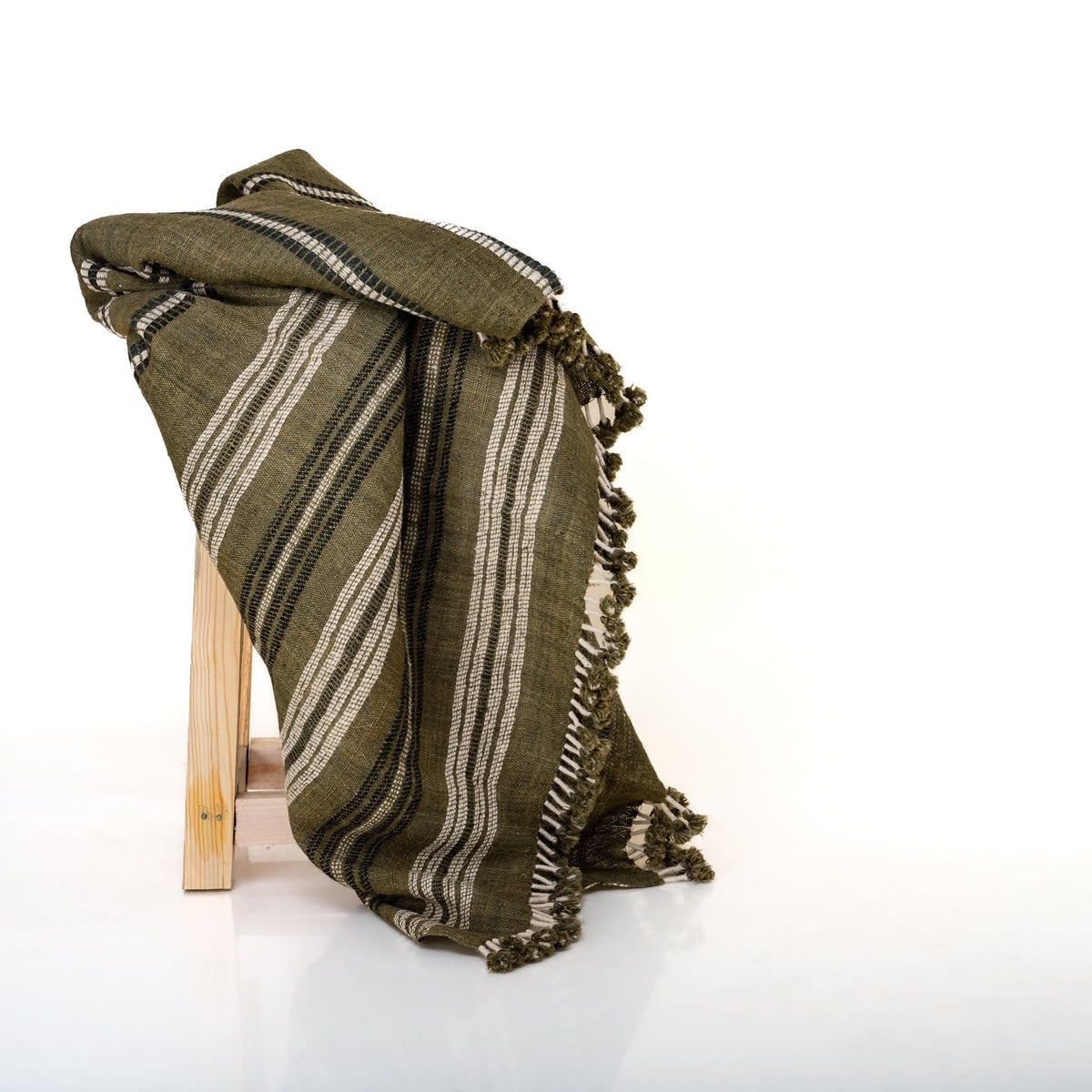 Olive Striped Indian Wool Throw Blanket, Handwoven Couch Coverlet with Earthy Bed Accent - MOSS