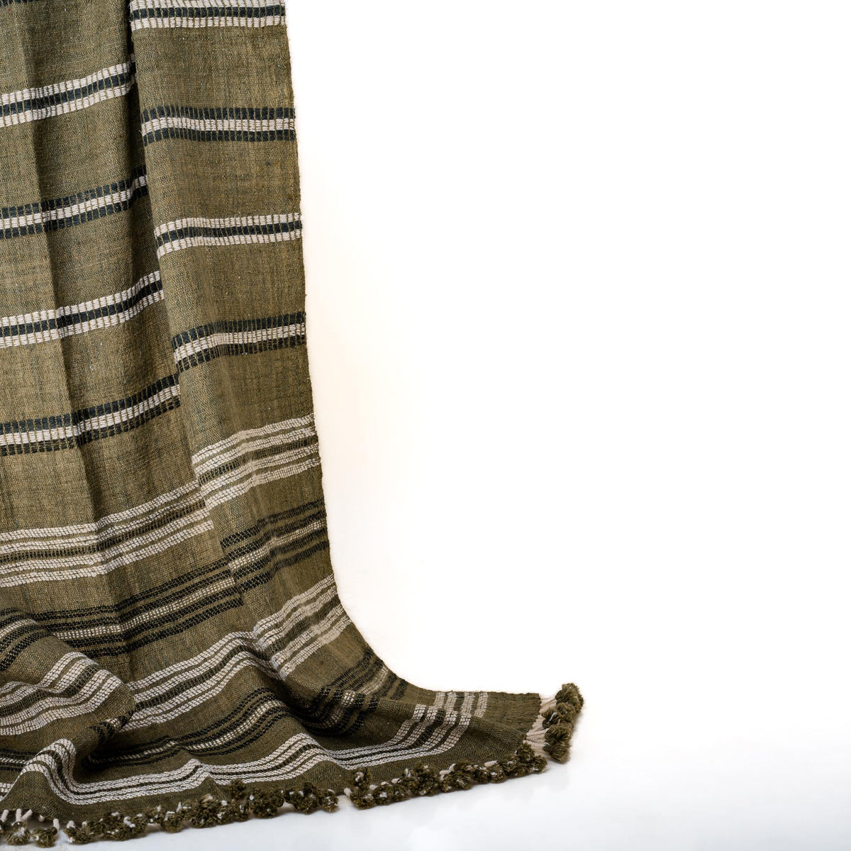 Olive Striped Indian Wool Throw Blanket, Handwoven Couch Coverlet with Earthy Bed Accent - MOSS