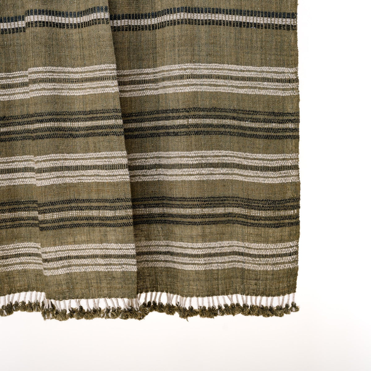 Olive Striped Indian Wool Throw Blanket, Handwoven Couch Coverlet with Earthy Bed Accent - MOSS