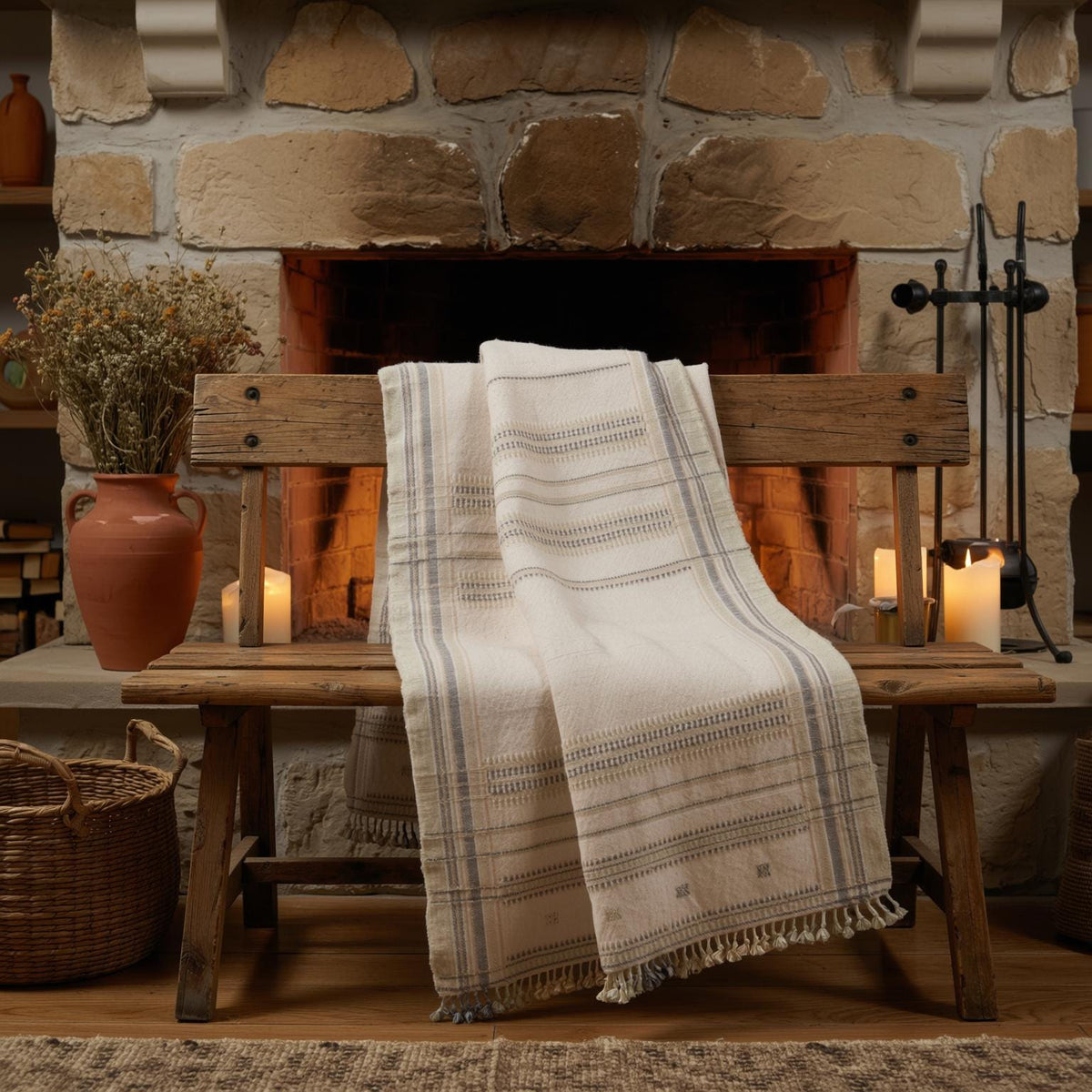 Off White Indian Wool Throw Blanket, Handwoven Sofa Coverlet with Minimalist Bed Accent - ALABASTER