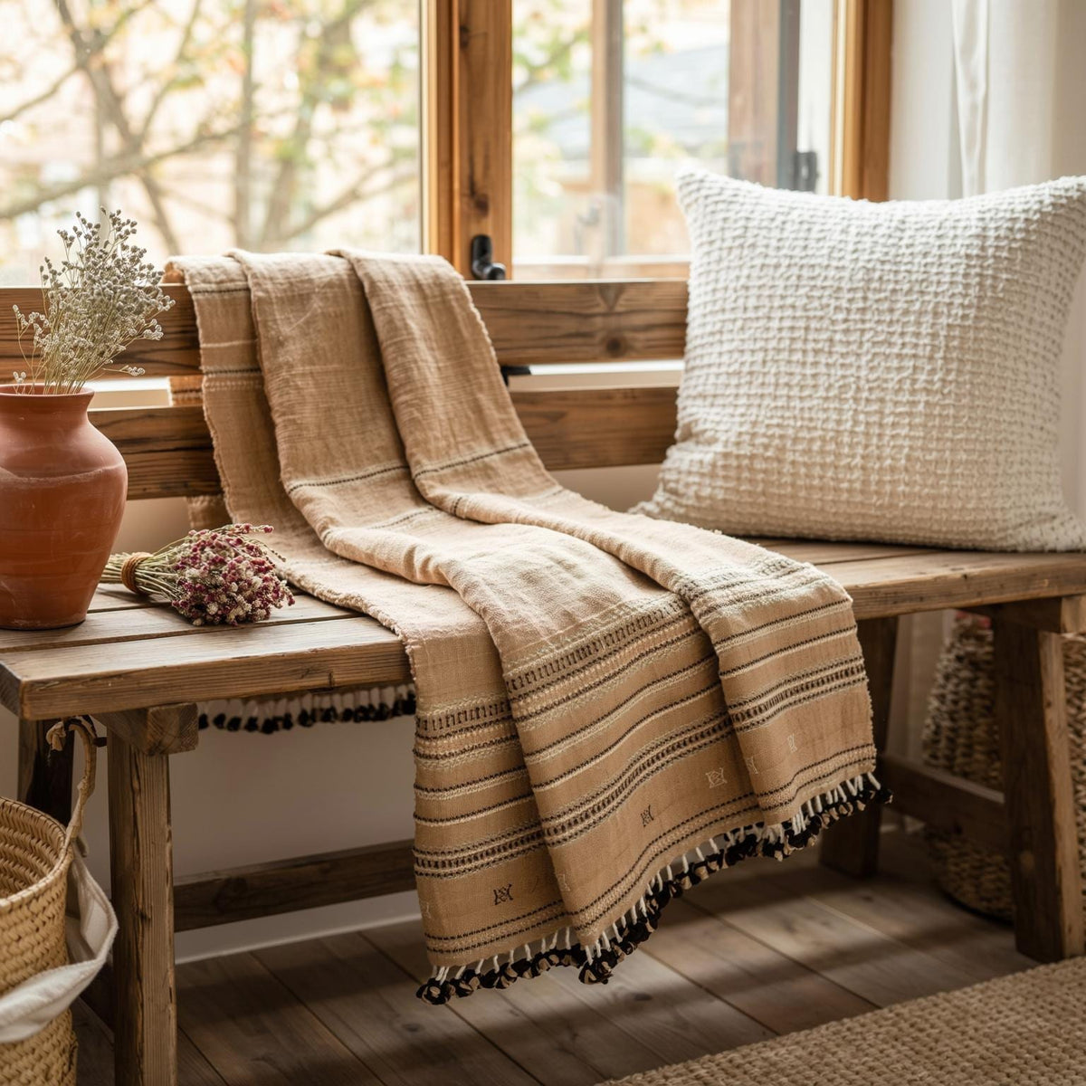 Rust Orange Indian Wool Throw Blanket, Handwoven Couch Coverlet with Warm Bedroom Accent - SUNSTONE