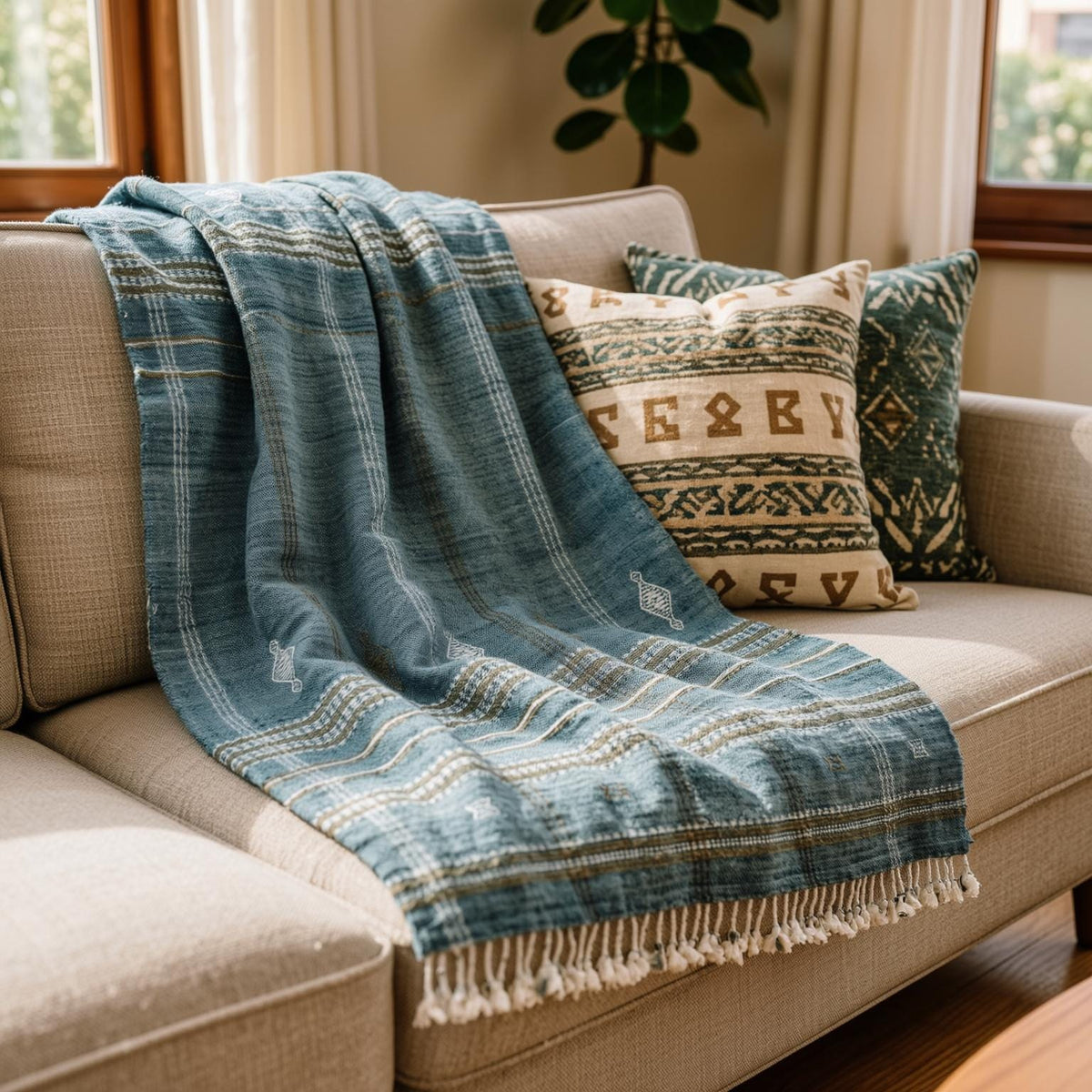 Teal Blue Indian Wool Throw Blanket, Handwoven Sofa Coverlet with Boho Reading Chair Accent - LAPIS