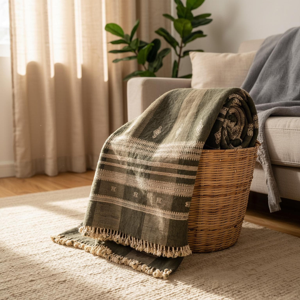 Olive Brown Indian Wool Throw Blanket, Handwoven Sofa Coverlet with Organic Bedroom Accent - ZARAA