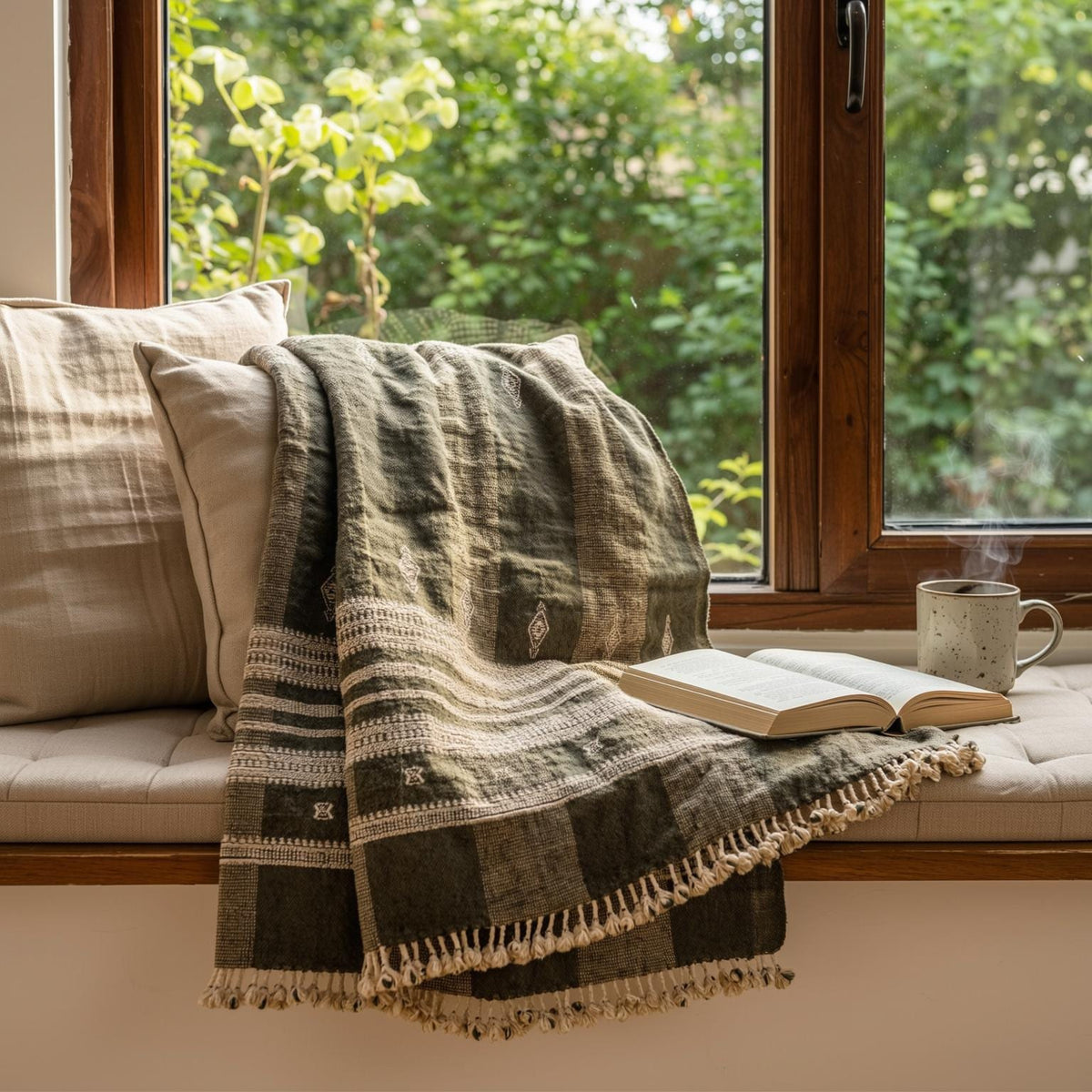 Olive Brown Indian Wool Throw Blanket, Handwoven Sofa Coverlet with Organic Bedroom Accent - ZARAA