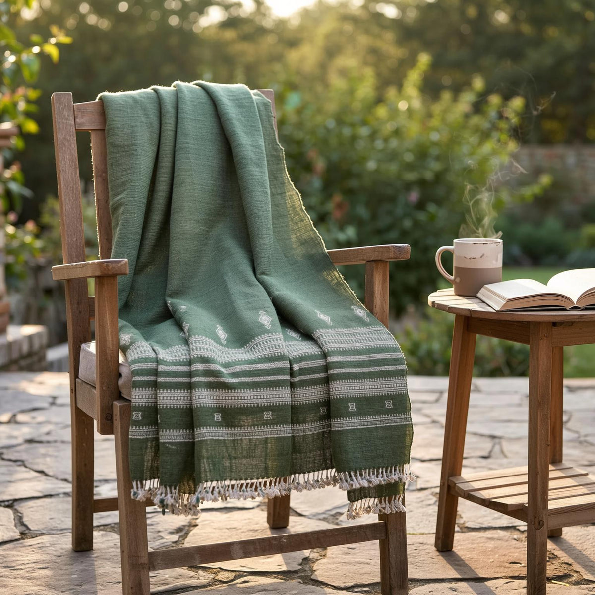 Forest Green Indian Wool Throw Blanket, Handwoven Couch Coverlet with Earthy Bedroom Accent - ERICA