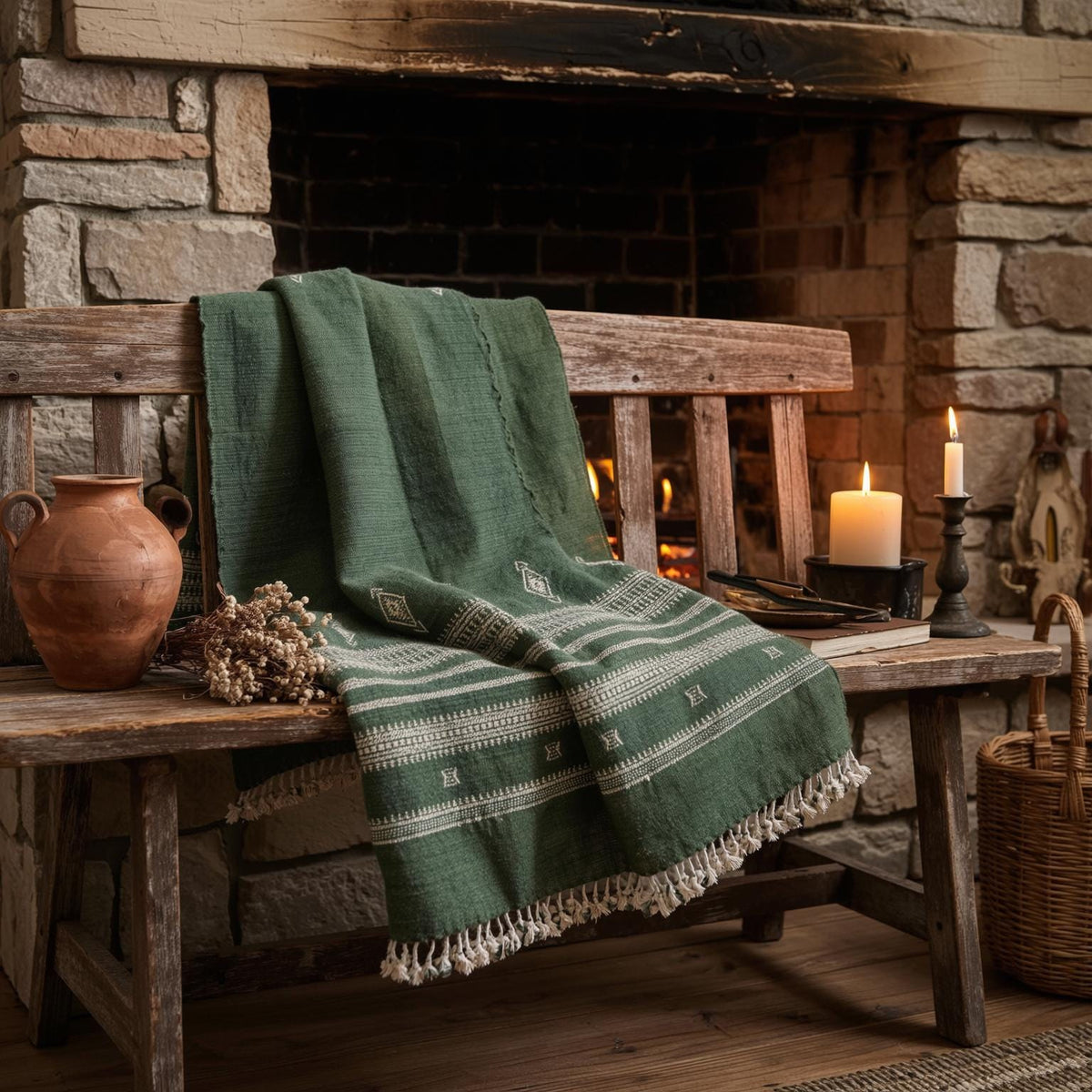 Forest Green Indian Wool Throw Blanket, Handwoven Couch Coverlet with Earthy Bedroom Accent - ERICA
