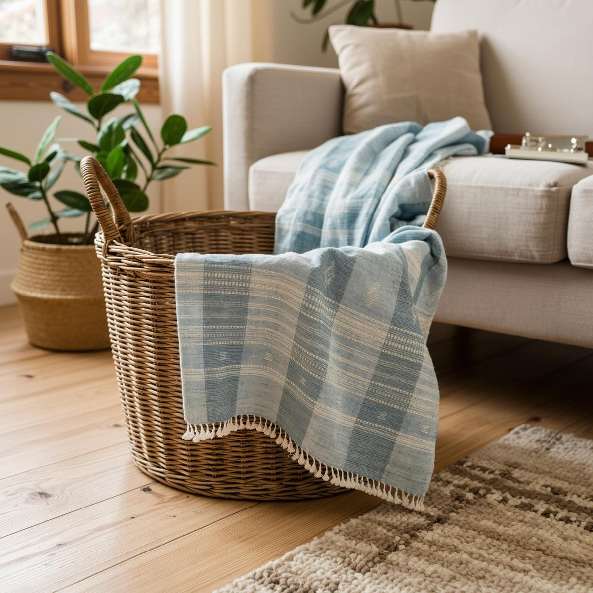 Teal Blue Indian Wool Throw Blanket, Handwoven Sofa Coverlet with Striped Foot-of-Bed Layer - IRIS