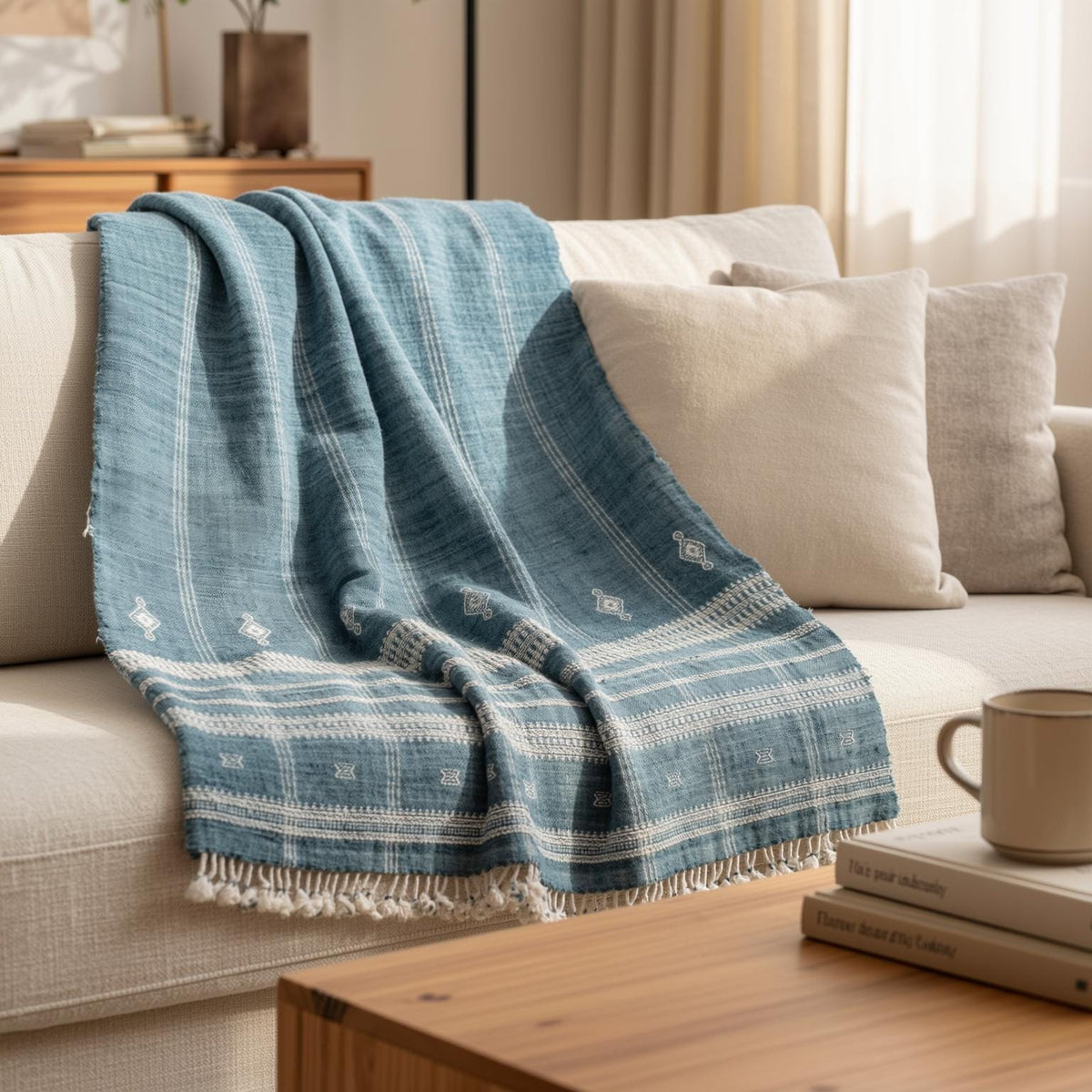 Teal Blue Indian Wool Throw Blanket, Handwoven Couch Coverlet with Geometric Bedroom Layer - TOPAS