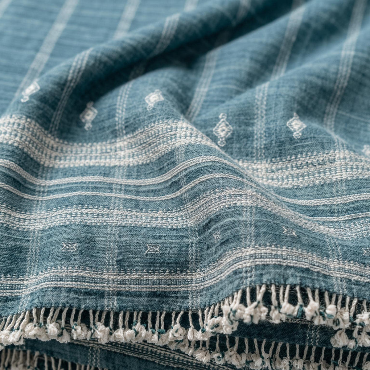 Teal Blue Indian Wool Throw Blanket, Handwoven Couch Coverlet with Geometric Bedroom Layer - TOPAS