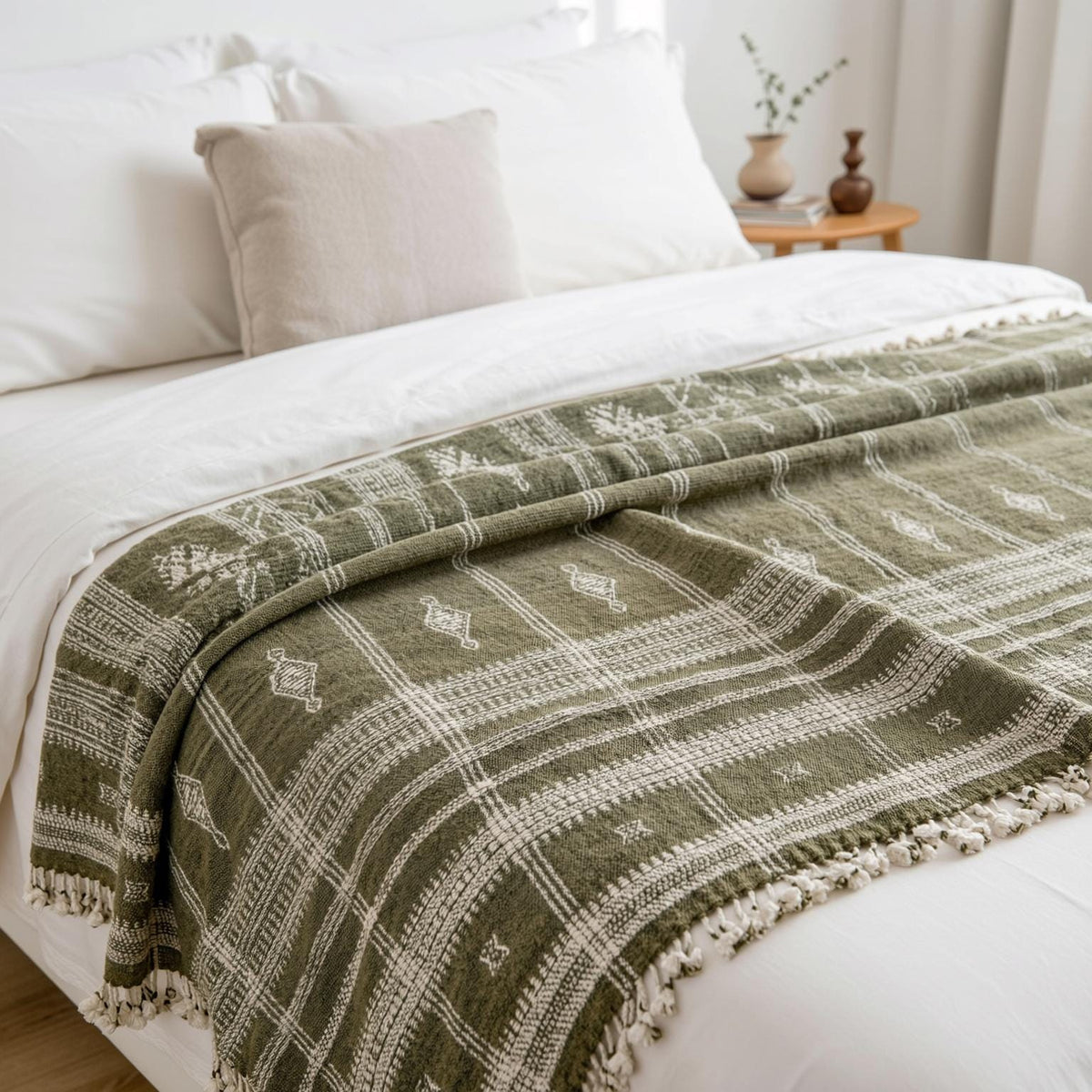 Olive Green Indian Wool Throw Blanket, Handwoven Couch Coverlet with Foot-of-Bed Layer - OLIVER