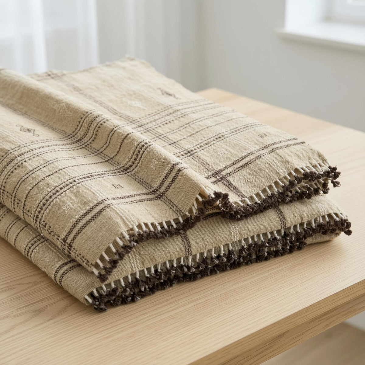 Tan Plaid Indian Wool Throw Blanket, Handwoven Couch Coverlet with Farmhouse Bed Accent - TANISHQ