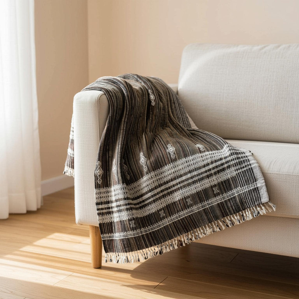 Brown Indian Wool Throw Blanket, Handwoven Sofa Coverlet with Lodge Reading Chair Layer - SPINEL