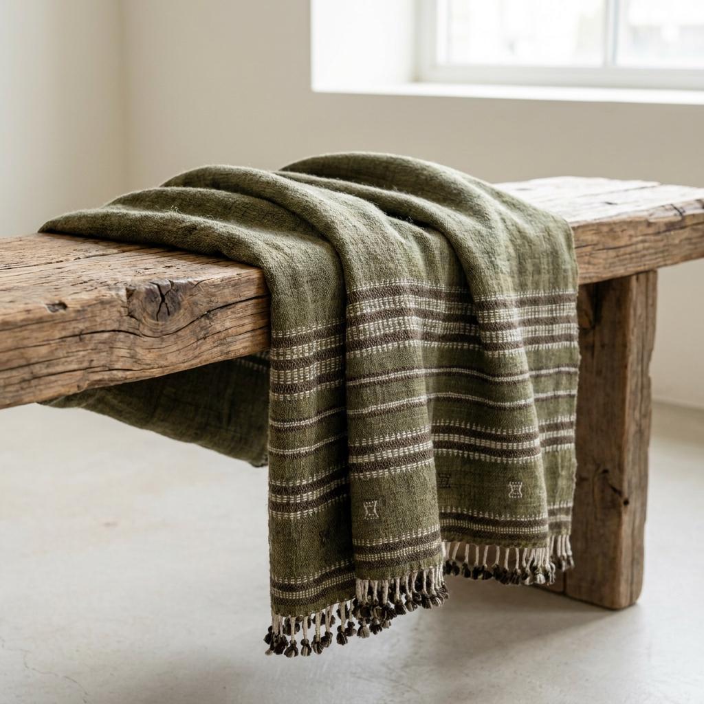 Olive Green Striped Indian Wool Throw Blanket, Handwoven Sofa Coverlet with Bed Accent - GARNET