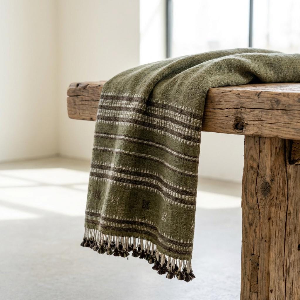 Olive Green Striped Indian Wool Throw Blanket, Handwoven Sofa Coverlet with Bed Accent - GARNET
