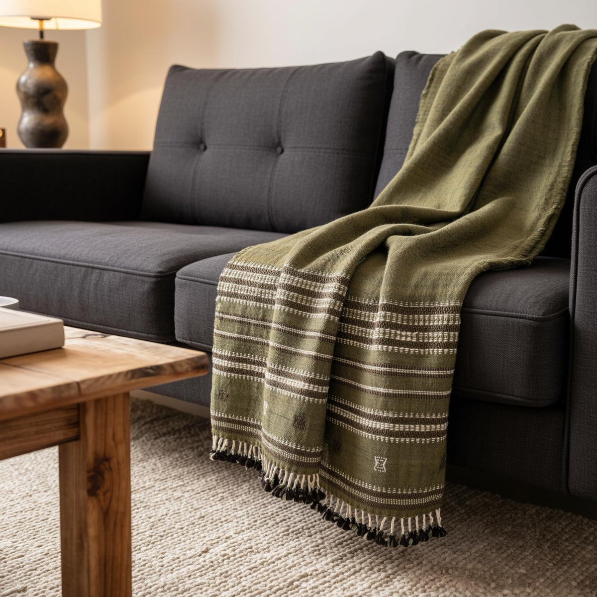 Olive Green Striped Indian Wool Throw Blanket, Handwoven Sofa Coverlet with Bed Accent - GARNET