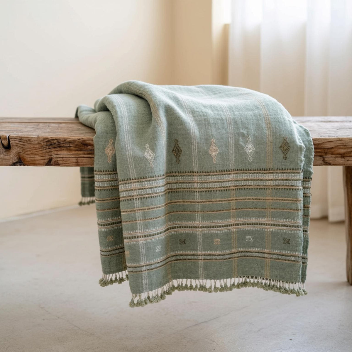 Sage Green Indian Wool Throw Blanket, Handwoven Sofa Coverlet with Japandi Bedroom Accent - JADE