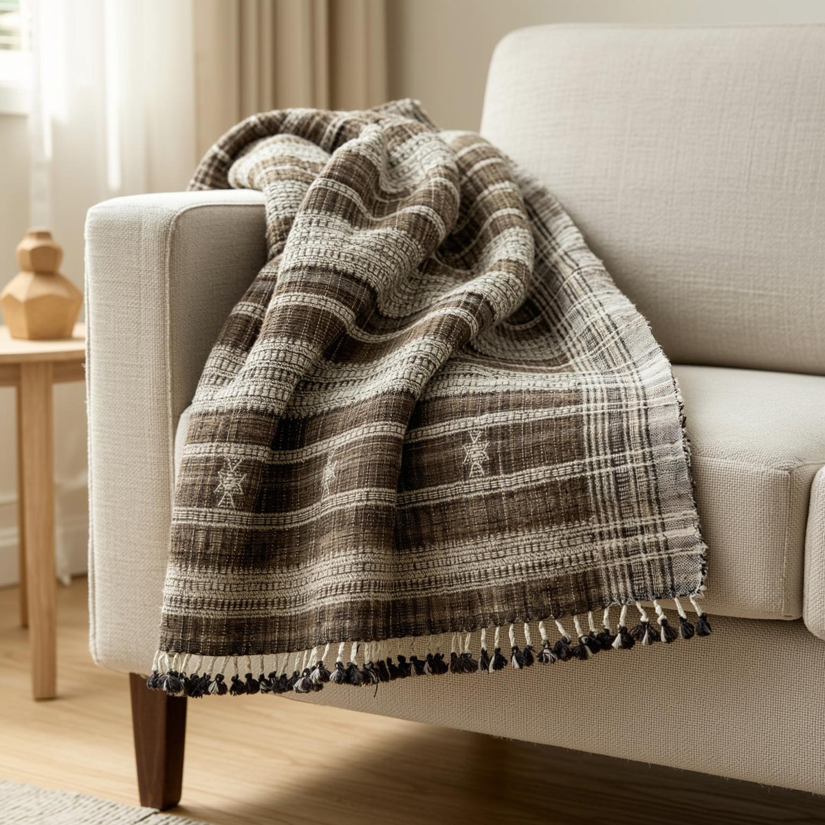 Brown Indian Wool Throw Blanket, Handwoven Couch Coverlet with Rustic Reading Chair Accent - SPHENE