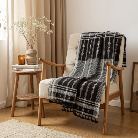 Jeté en laine indien marron, couvre-canapé tissé à la main avec couche pour fauteuil de lecture rustique - CITRINE