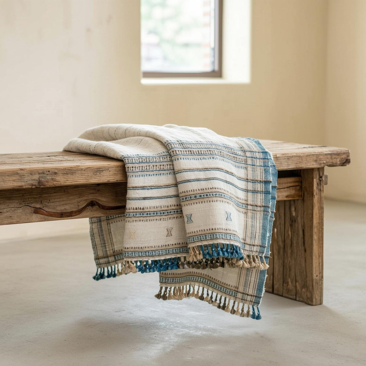 Ivory Indian Wool Throw Blanket, Handwoven Couch Coverlet with Cozy Minimalist Bedroom Layer - DAZY