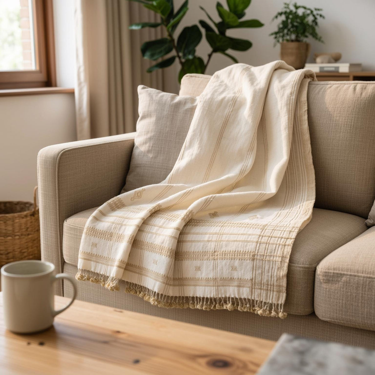 Off White Indian Wool Throw Blanket, Handwoven Couch Coverlet with Neutral Bedroom Layer - HEERA