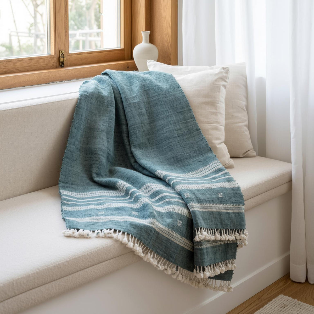 Vibrant Teal Indian Wool Throw Blanket, Handwoven Sofa Coverlet with Boho Reading Accent - NEELAM